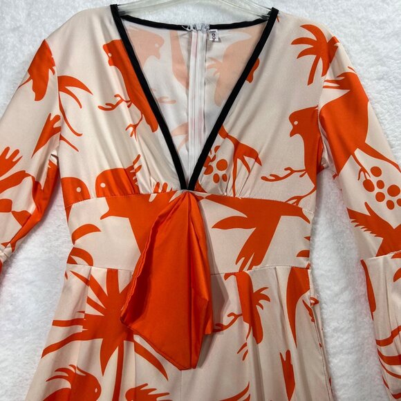 OC Order Womens S Poet Sleeve Bird Print Jumpsuit Deep Neck Wide Leg Resort Wear - Picture 5 of 16